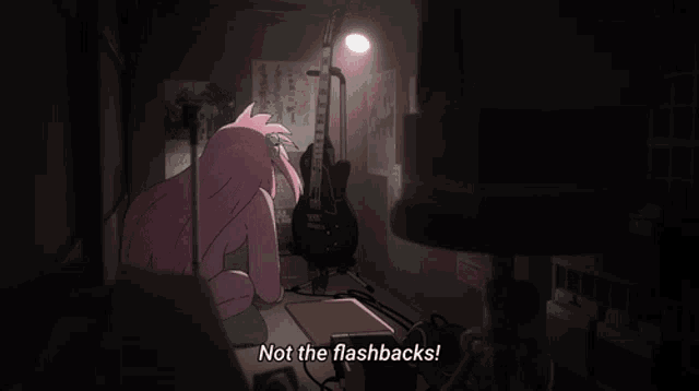 a cartoon character says begone begone filthy memories in a dark room