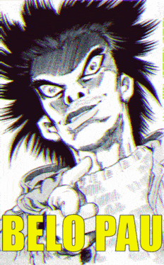 a black and white drawing of a man with the name belo pau written in yellow