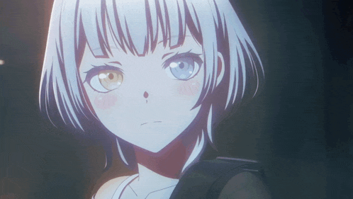 a girl with white hair and blue eyes is looking at something