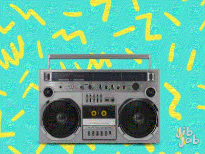 a boombox on a blue and yellow background with jib jab written on it