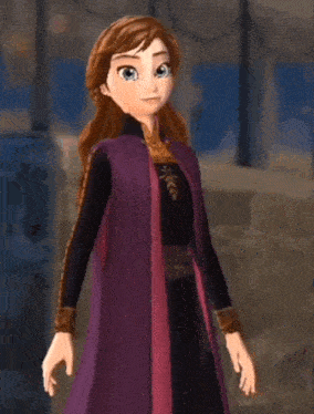 anna from the movie frozen is wearing a purple coat and standing in front of a stone wall .