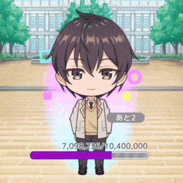 a cartoon character with a purple bar that says 7,098,226/100,000