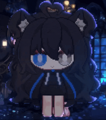 a pixel art drawing of a girl wearing a black hoodie with a blue stripe