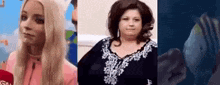 three women are standing next to each other in a collage of pictures .
