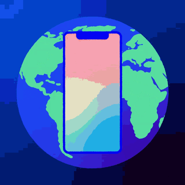 a globe with a cell phone in the middle