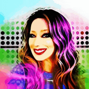 a woman with purple hair is smiling in a pop art style painting .