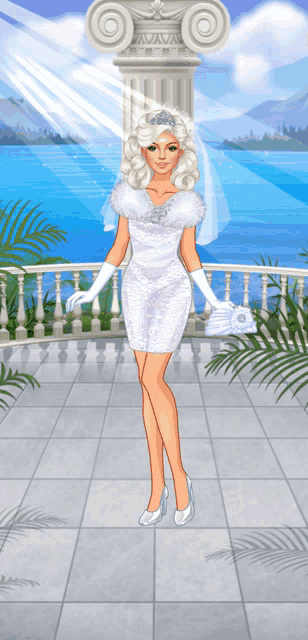 a woman in a white dress and white gloves is standing on a balcony overlooking the ocean