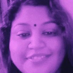 a close up of a woman 's face with a purple background and a purple background .