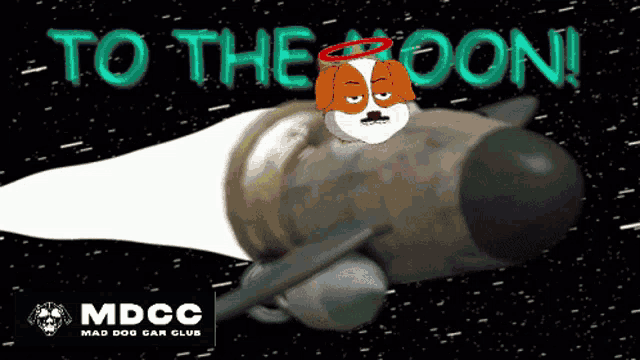 a cartoon of a dog on a rocket with the words to the moon behind it