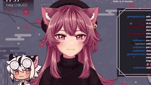 a girl with purple hair and a cat ear hat is on a twitch channel