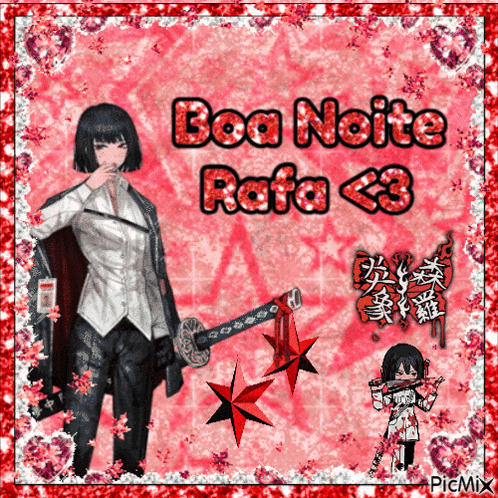 a picture of a girl holding a sword with the words boa noite rafa < 3