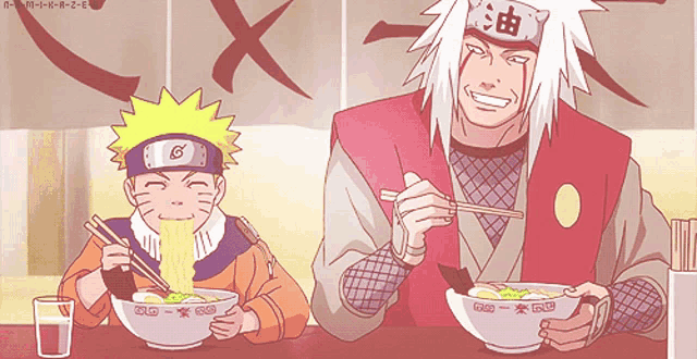a cartoon of naruto and jiraiya eating ramen together