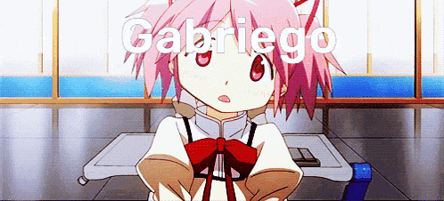 a pink haired anime girl with the name gabriego written above her