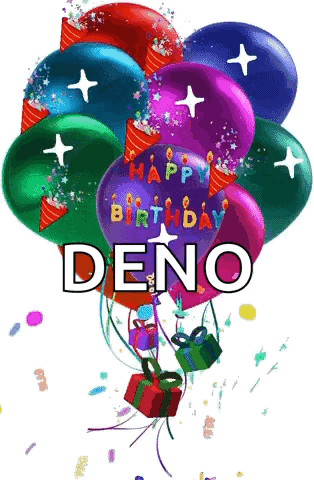 a bunch of colorful balloons with the name deno on them