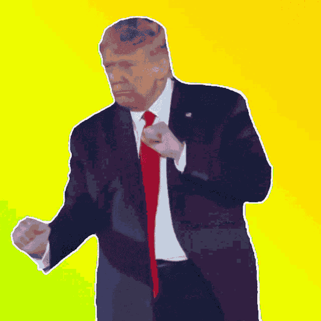 a man in a suit and tie is dancing on an orange background