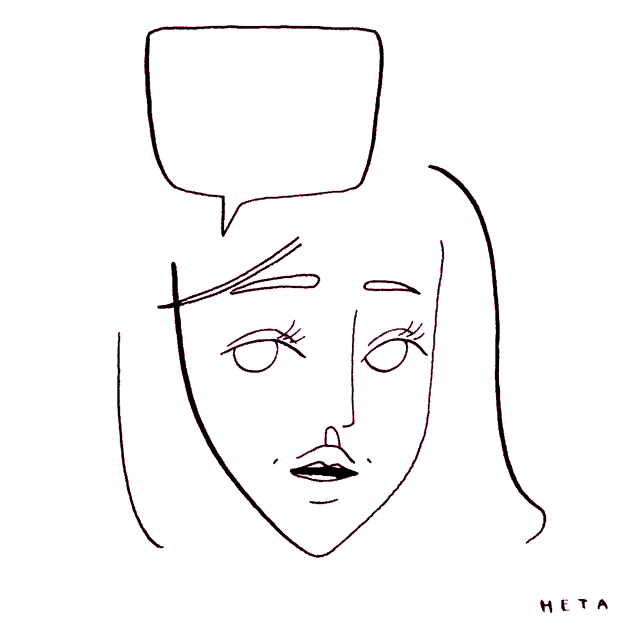a drawing of a woman with hearts in her eyes and a speech bubble with the letter h above her head