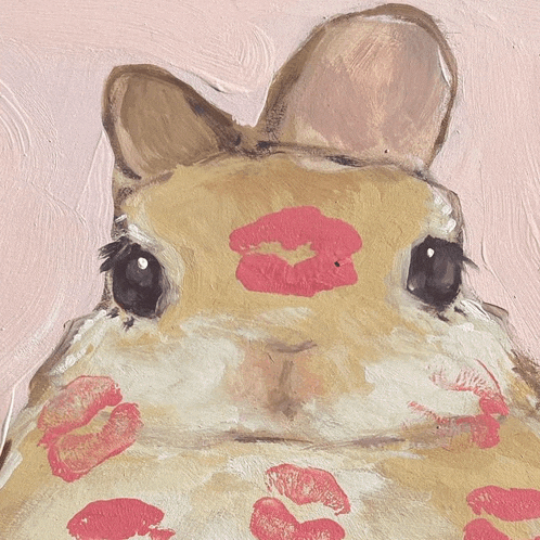 a close up of a painting of a rabbit with red lips on its face