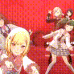 a group of anime girls are dancing together on a red background
