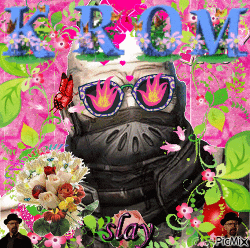 a picture of a man wearing sunglasses with the word krom written above him