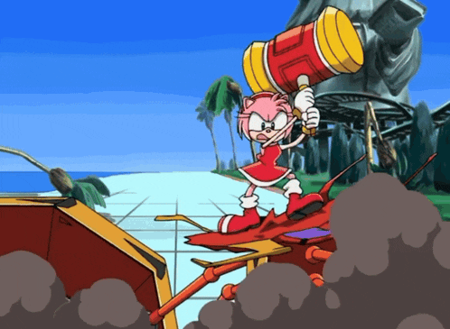 amy rose from sonic the hedgehog is holding a hammer