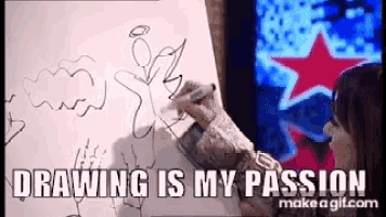 a woman is drawing an angel on a piece of paper with the words " drawing is my passion " below her