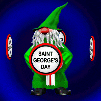 a gnome is holding a sign that says saint george 's day on it