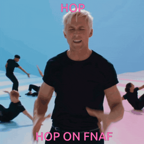 a man in a black shirt stands in front of a group of dancers and the words hop on fnaf are above him