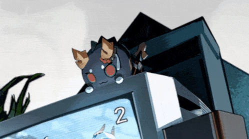 a cartoon cat is sitting on top of a clock with the number 2