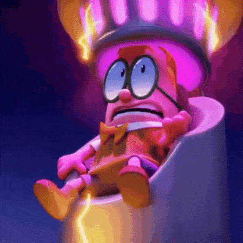 a cartoon character with glasses and a bow tie is sitting on a purple object