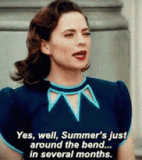 a woman in a blue dress is saying yes well summer 's just around the bend in several months .