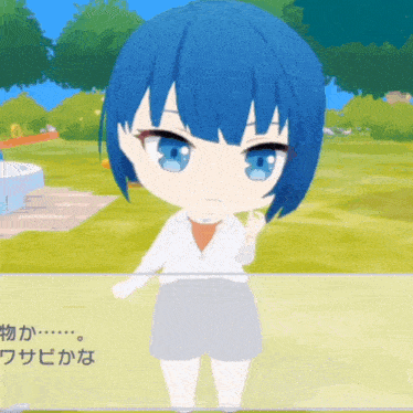 a cartoon character with blue hair and blue eyes is standing in a park