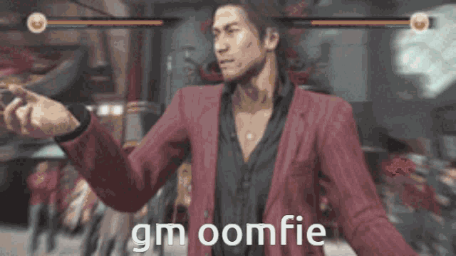 a man in a red suit is playing a video game and says gm oomfie