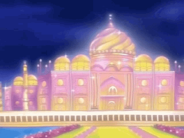 a cartoon drawing of a palace with a bridge leading to it .