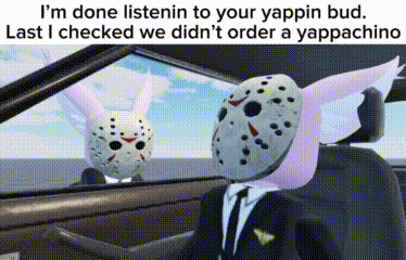 a man in a suit and tie is driving a car with a jason voorhees mask on .