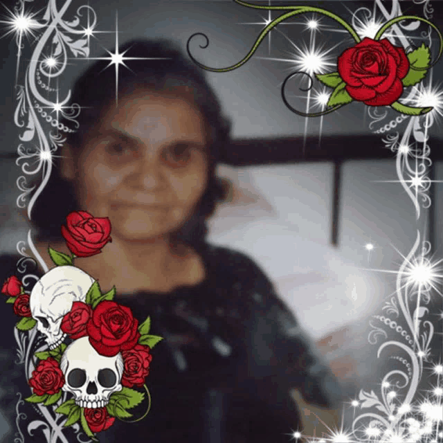 a picture of a woman with red roses and skulls