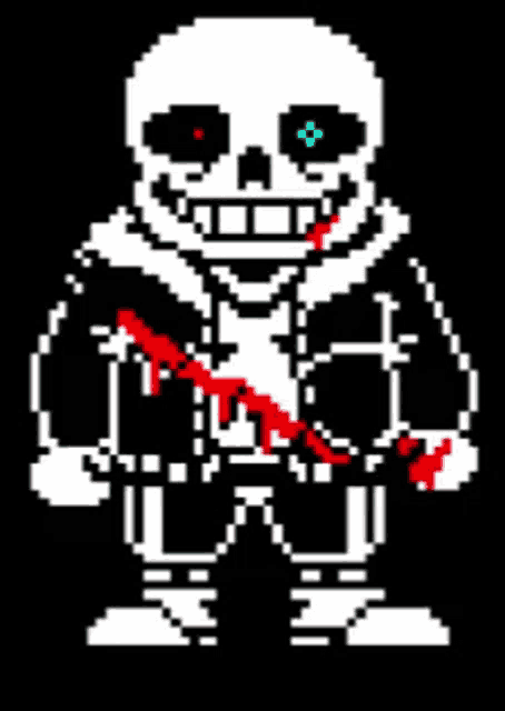 a pixel art of sans from undertale holding a bloody knife