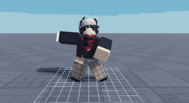 a 3d model of a person wearing a black shirt and plaid pants standing on a grid