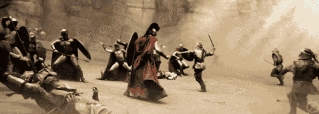 a man in a red robe is surrounded by soldiers with swords and shields