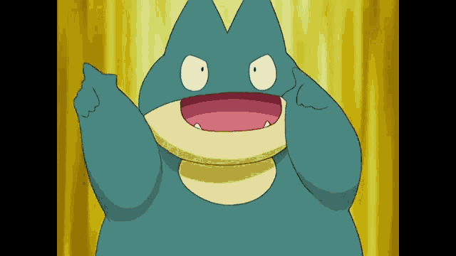 a cartoon character with a big mouth is pointing up