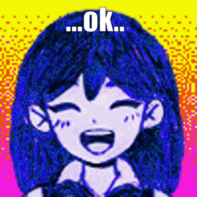 a cartoon girl with blue hair is laughing and smiling with the words `` ok '' written above her .