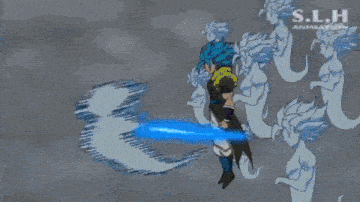 a cartoon character is flying through the air with a blue light coming out of his mouth .
