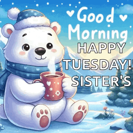 a polar bear wearing a santa hat and scarf is holding a cup of hot coffee .