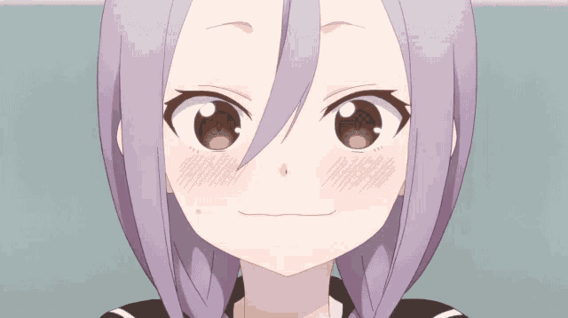 a close up of a cartoon character with purple hair