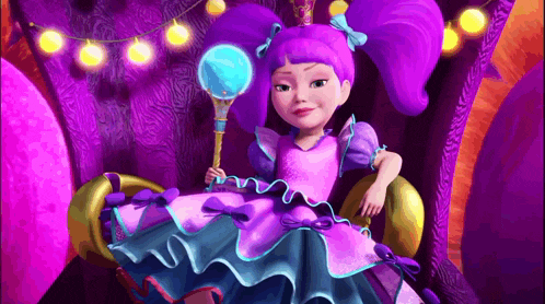 a cartoon girl with purple hair is sitting on a throne holding a wand