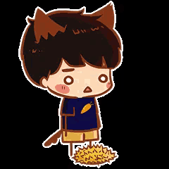 a cartoon boy with cat ears is standing next to a pile of flowers