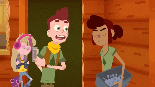 a cartoon of a girl wearing headphones standing next to a boy