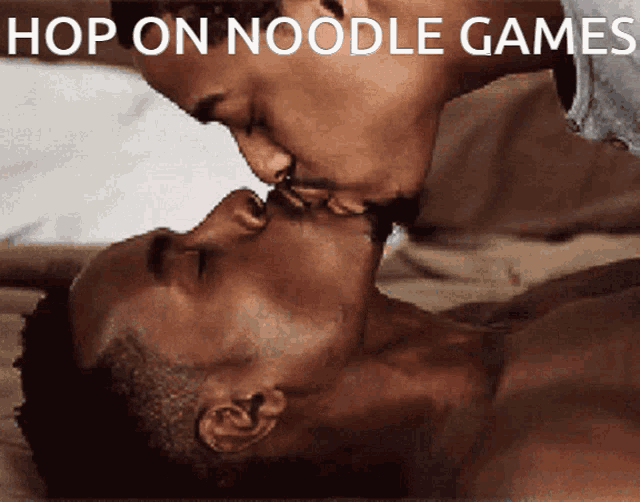 a couple of men kissing with the words hop on noodle games above them