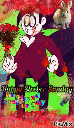 a picture of a vampire holding a bouquet of flowers with the words happy streber sunday on it