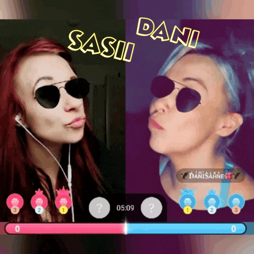 two women wearing sunglasses and headphones are playing a game called sasi dani