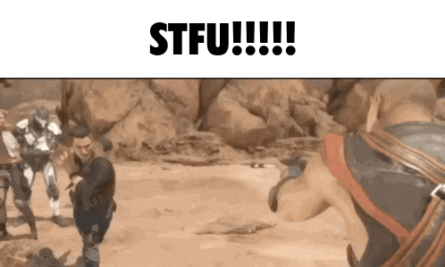 a video game scene with a man holding a gun and the words `` stfu !!! '' on the bottom .